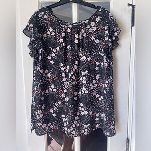 LOFT Tie Back Black and Pink Floral Women's Top L fits XL
